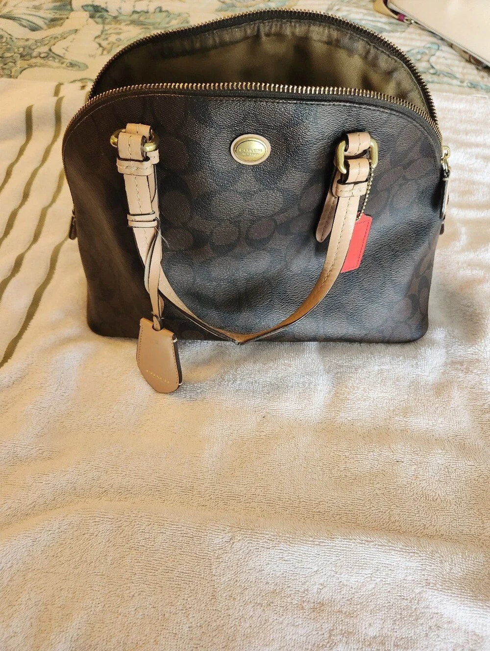 Coach Brown Signature Dome Satchel with Tan Trim and Red Tag